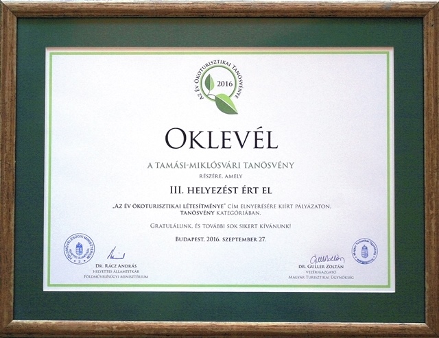 "AZ ÉV ÖKOTURISZTIKAI LÉTESÍTMÉNYE" pályázaton – a TANÖSVÉNY kategóriában III. helyezett lett a Gyulaj Erdészeti és Vadászati Zrt. ’Tamási Miklósvári tanösvénye’ 